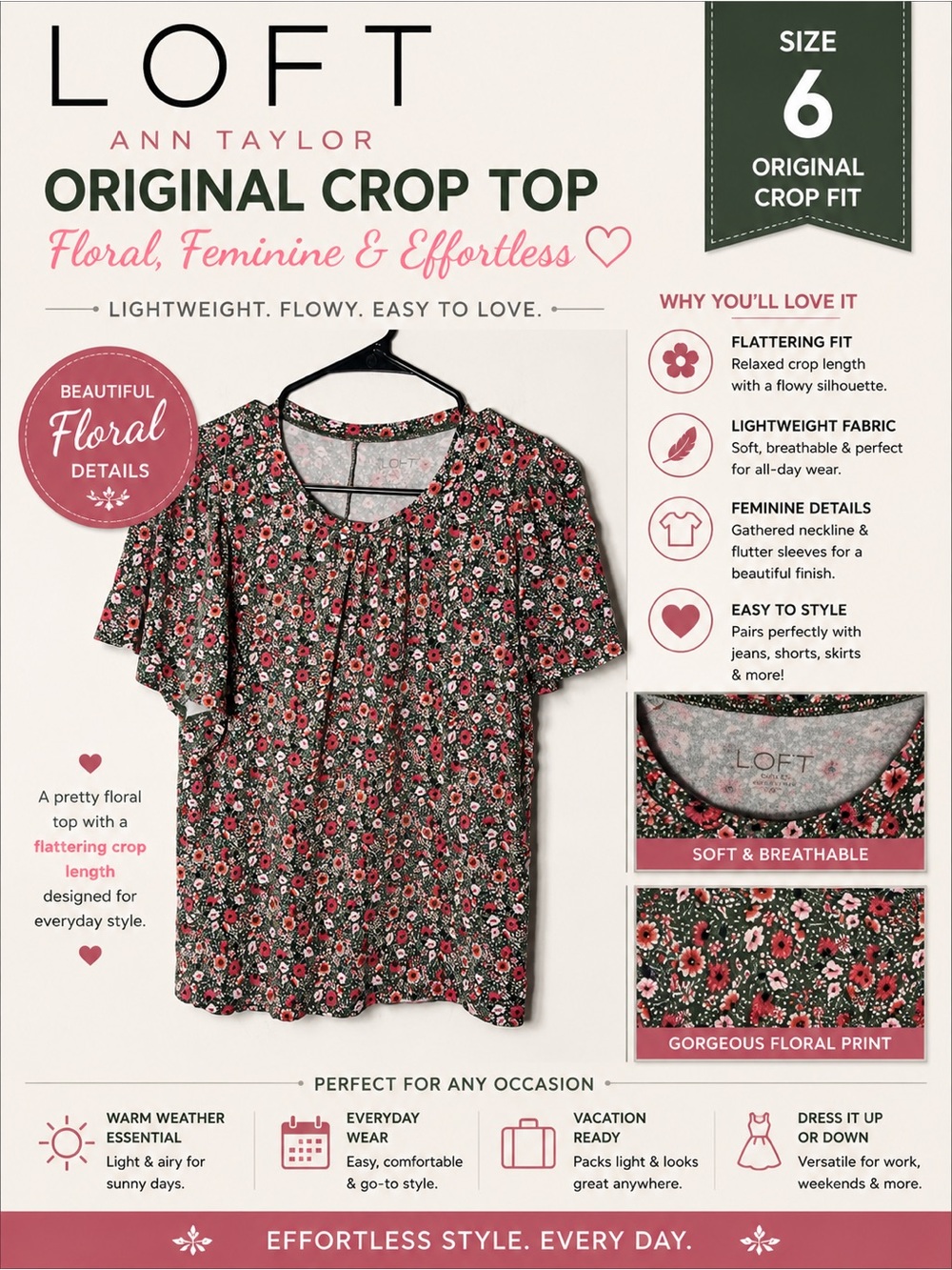LOFT Floral Crop Top in Black with Pink & Green